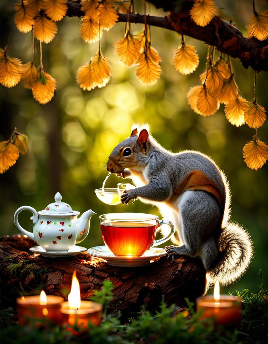 Squirrels Enjoying Tea Party in Gloomy Setting