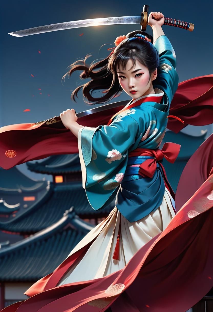 Fierce Woman Warrior on Rooftop in Neo-Impressionist Style