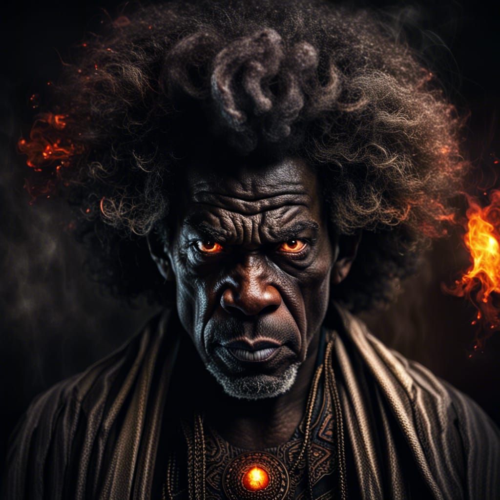 Hyperrealistic Sorcerer Portrait with Fire Eyes