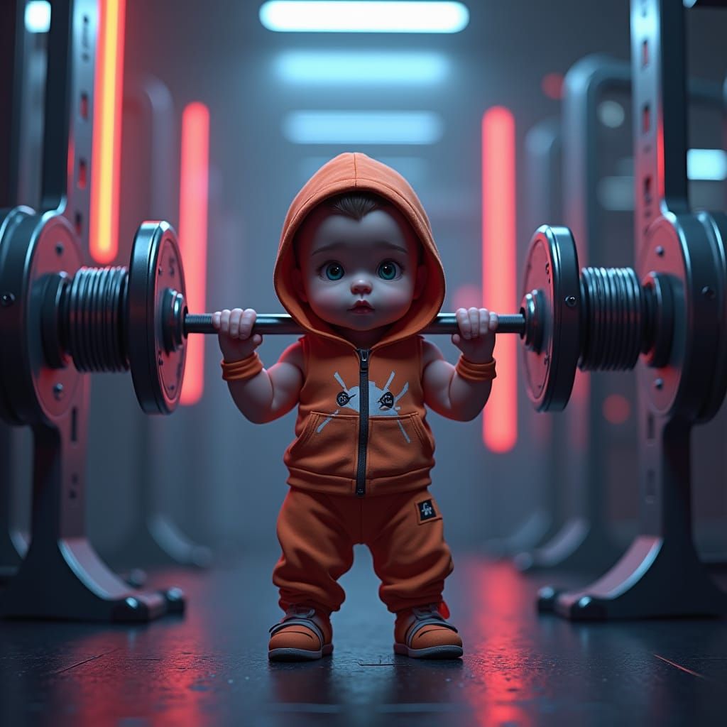 Muscular Baby Gym Workout in Gritty Sci-Fi Style