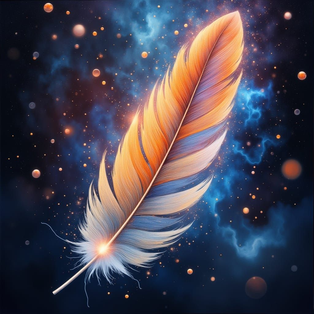 Ethereal Feather Descends Through Rainbow Nebula