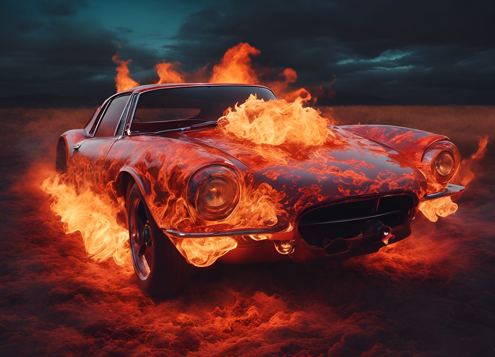 Surreal Sports Car in Hellscape with Flames