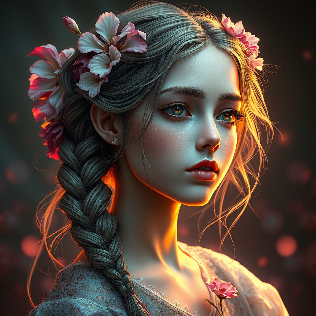 Ethereal Flower Girl Portrait in Art Nouveau Style