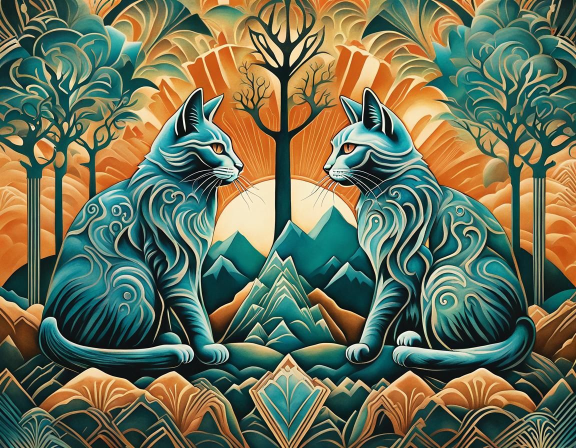 Ernst Haeckel style cats in an art deco mountainscape with aetherpunk esque trees complementary colors airbrush art