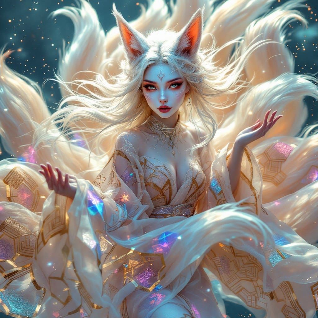 Ethereal Kitsune in Opulent, Geometric Kimono