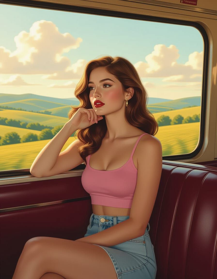 Young Woman on Train, Photorealistic Cinematic Portrait