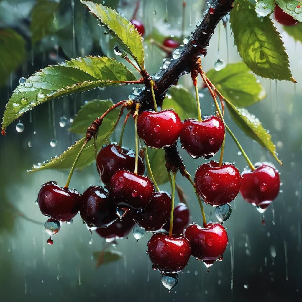 Cherries on Branch in Detailed Macro Photography