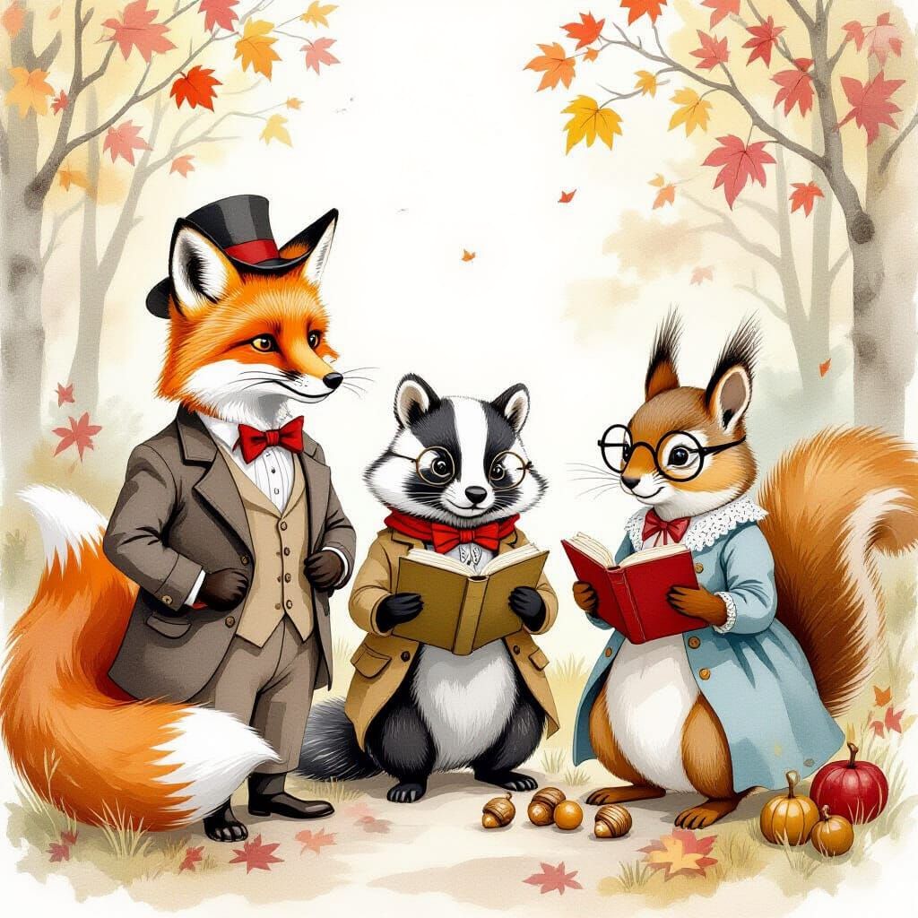 Whimsical Animals in Human Clothes, Arthur Rackham Style