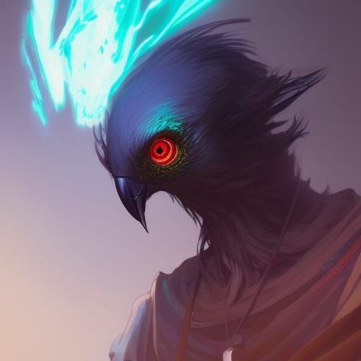 Kenku Portrait with Iridescent Eyes in Hyperdetailed Style