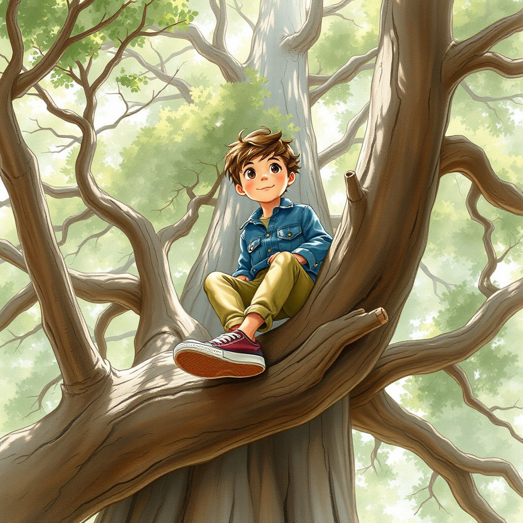 Boy in Redwood Tree: Dreamy Illustration