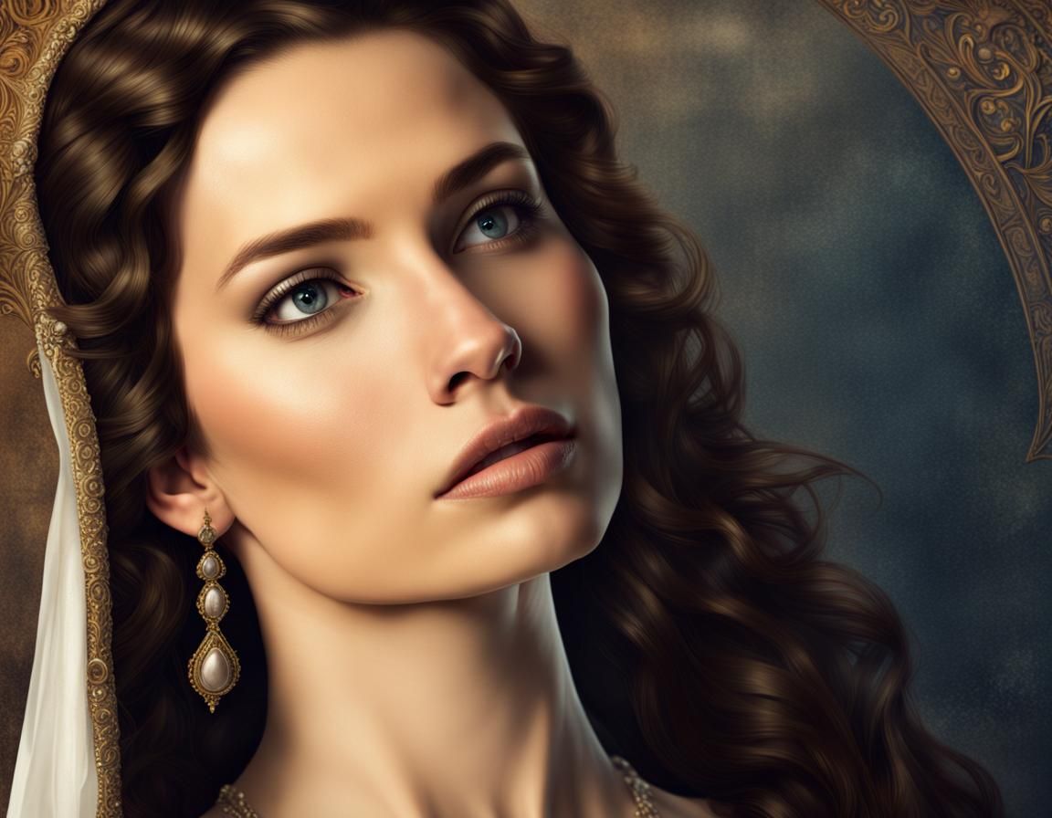 Medieval Brunette in White Silk Dress Portrait