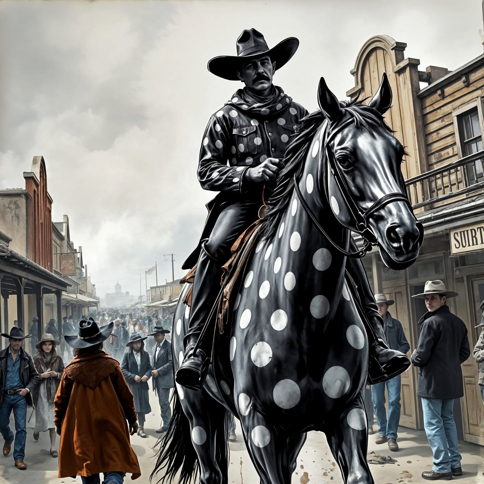 Cowboy Rides Polka Dot Horse: Art Nouveau Charcoal Sketch