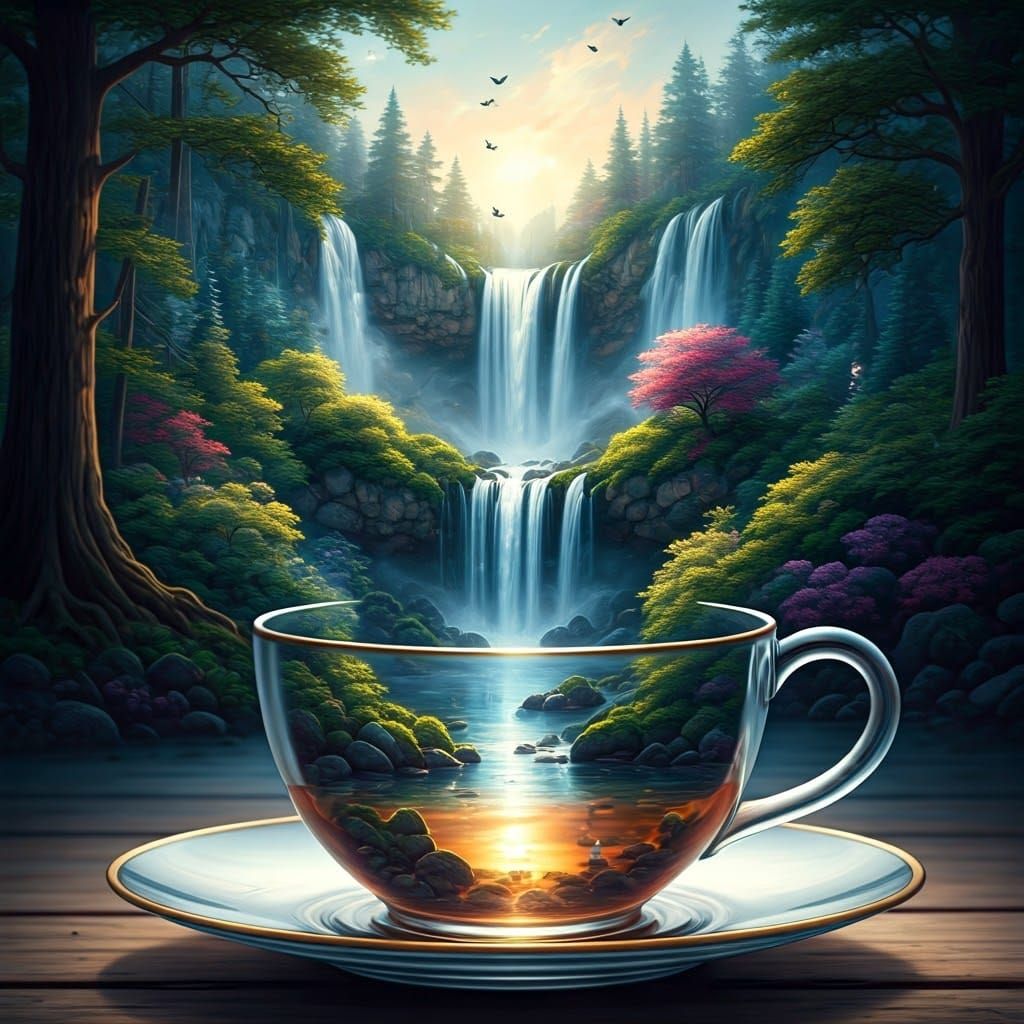 Waterfall Teacup: A Photorealistic Fantasy Scene