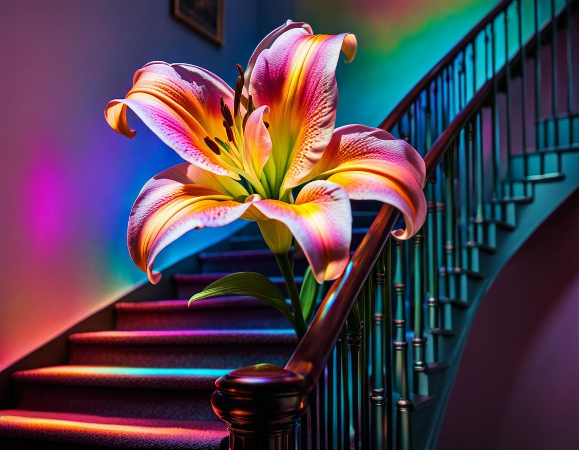 Iridescent Lily on Dreamlike Staircase: Surreal Digital Art