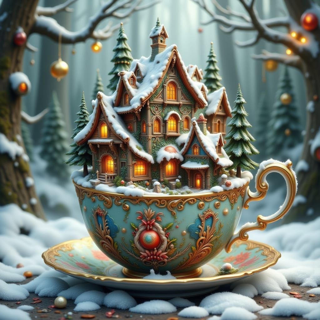 Miniature Christmas City Inside a Teacup