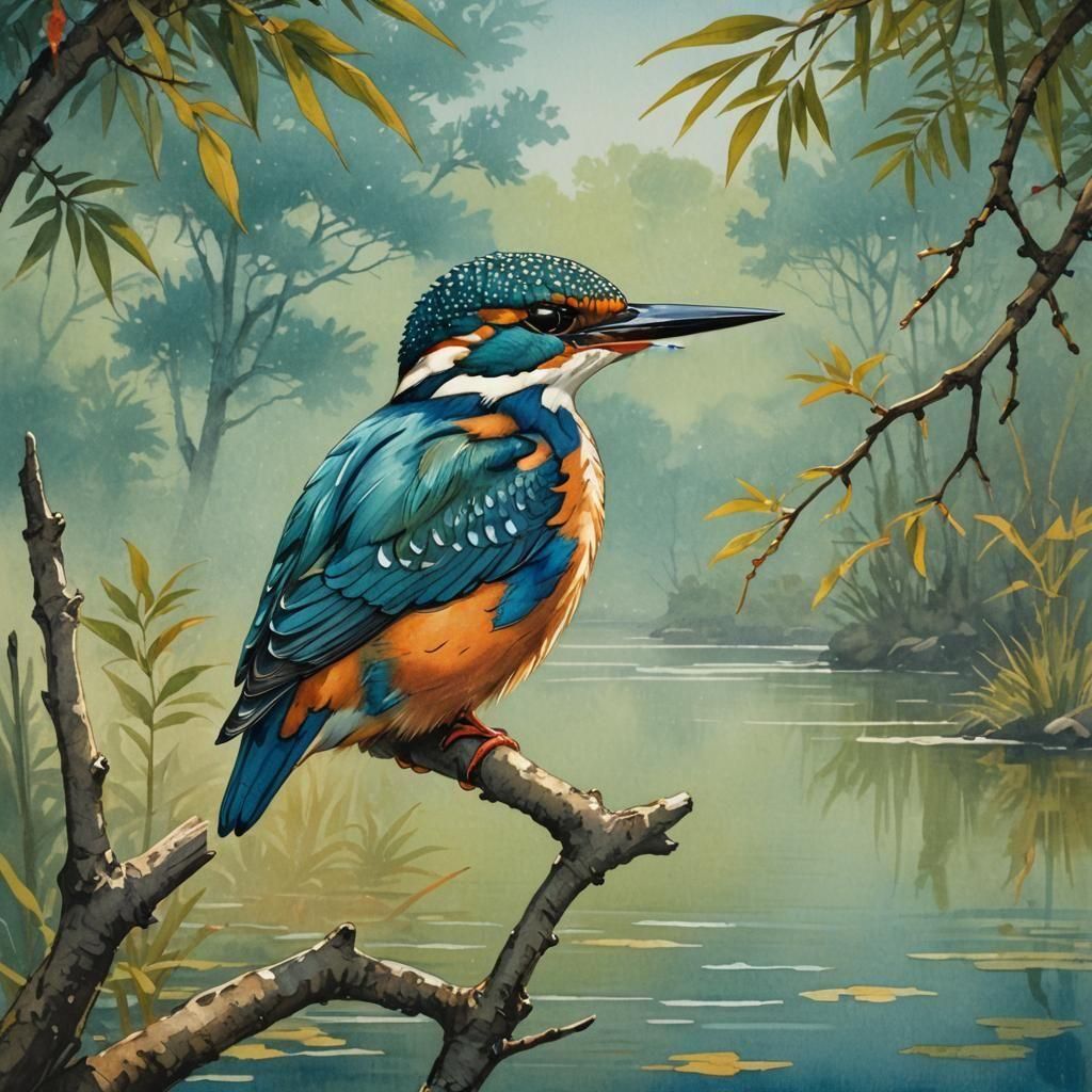 Ukiyo-e Kingfisher in Gouache Watercolor Style