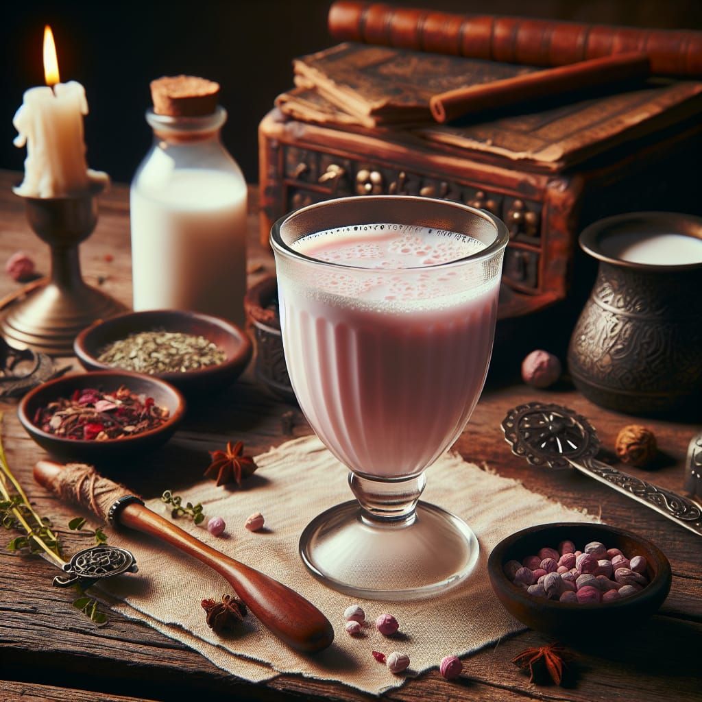 Medieval Rose Milk Drink with Herbs and Candlelight