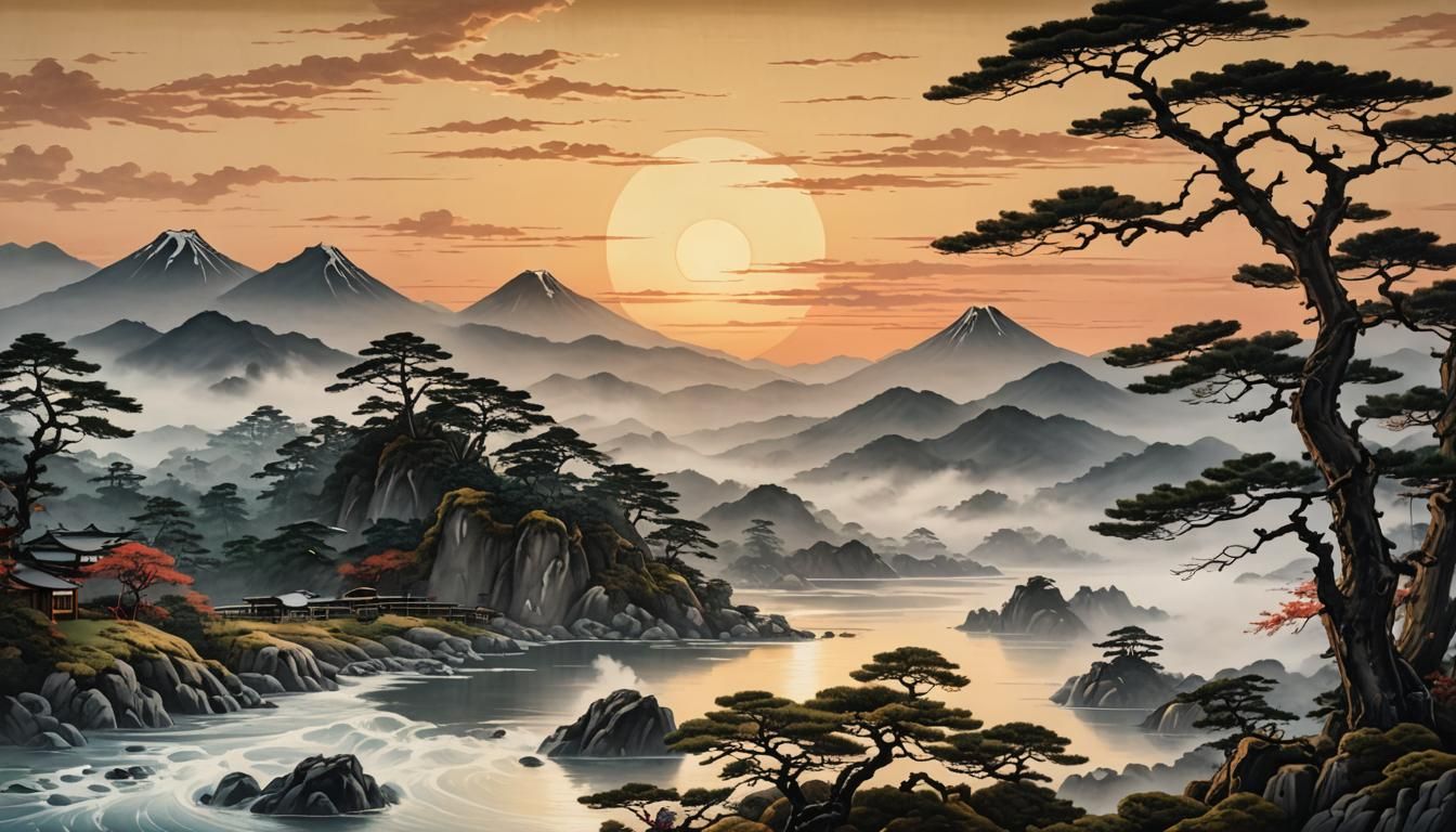 Rising Sun: Japanese Painting Style Masterpiece