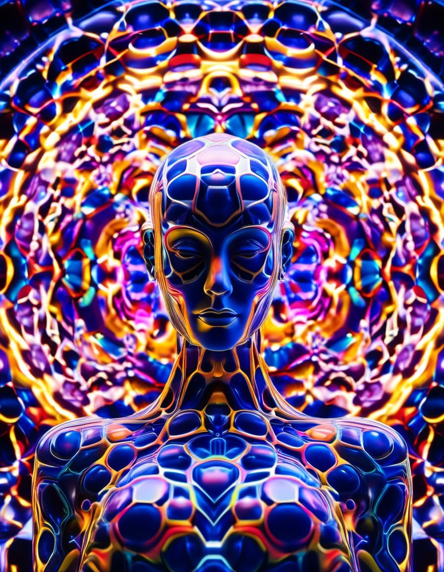 Honeycomb Alien Woman in Solarstorm Galaxy Backdrop