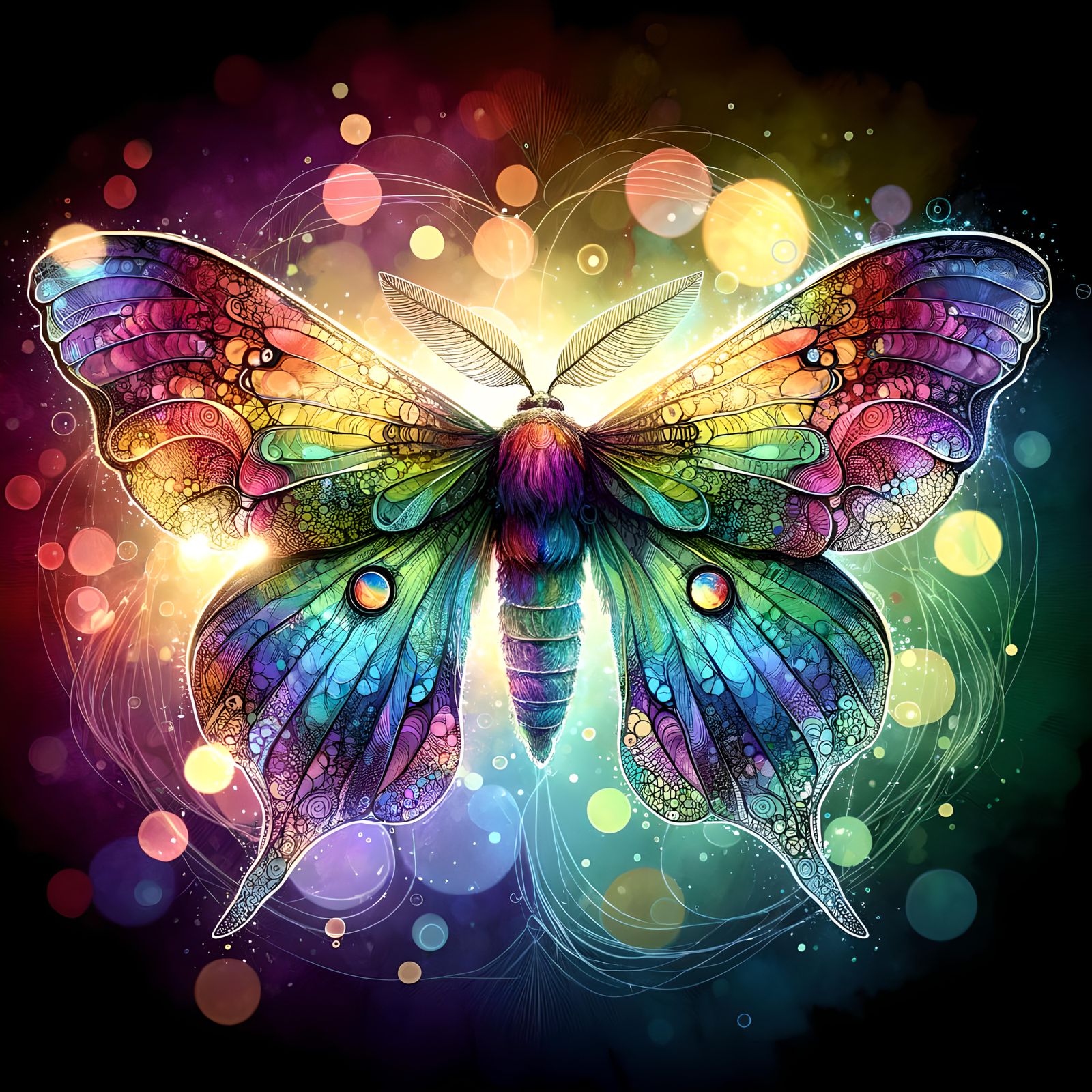 Rainbow Moth with Bioluminescence in Watercolor Style