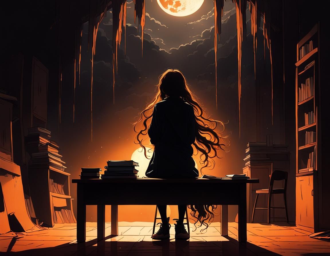 Isolated Teenager in Moonlit Classroom