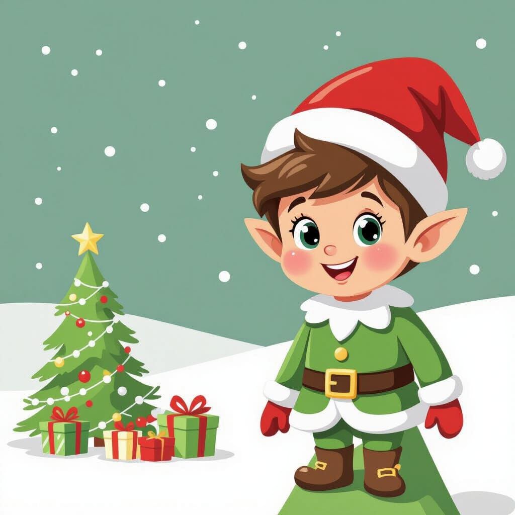 Cheerful Christmas Elf in Soft Colors, Clipart Style