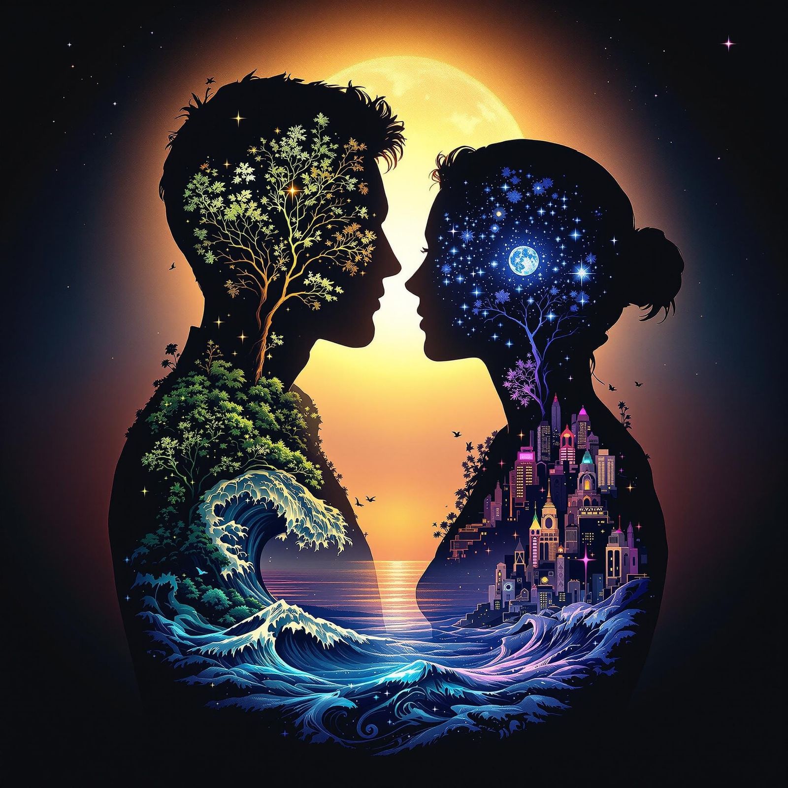 Pixelated Neo-Surrealist Couple in Harmony