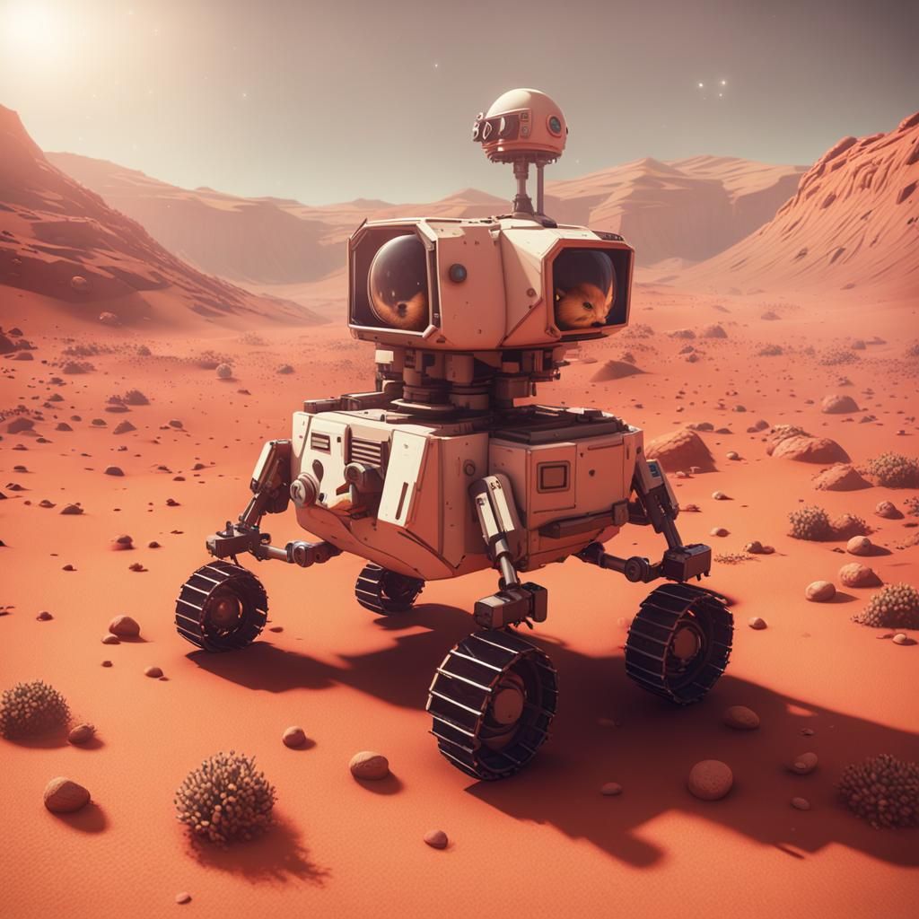 Mars Rover and Cat on Barren Planet in 3D
