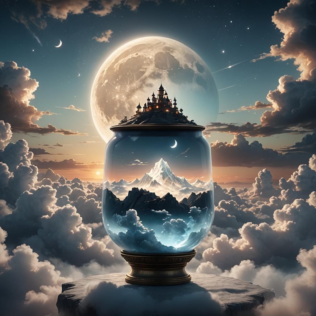 Moon Over Crystal Pot in Miyazaki Film Style