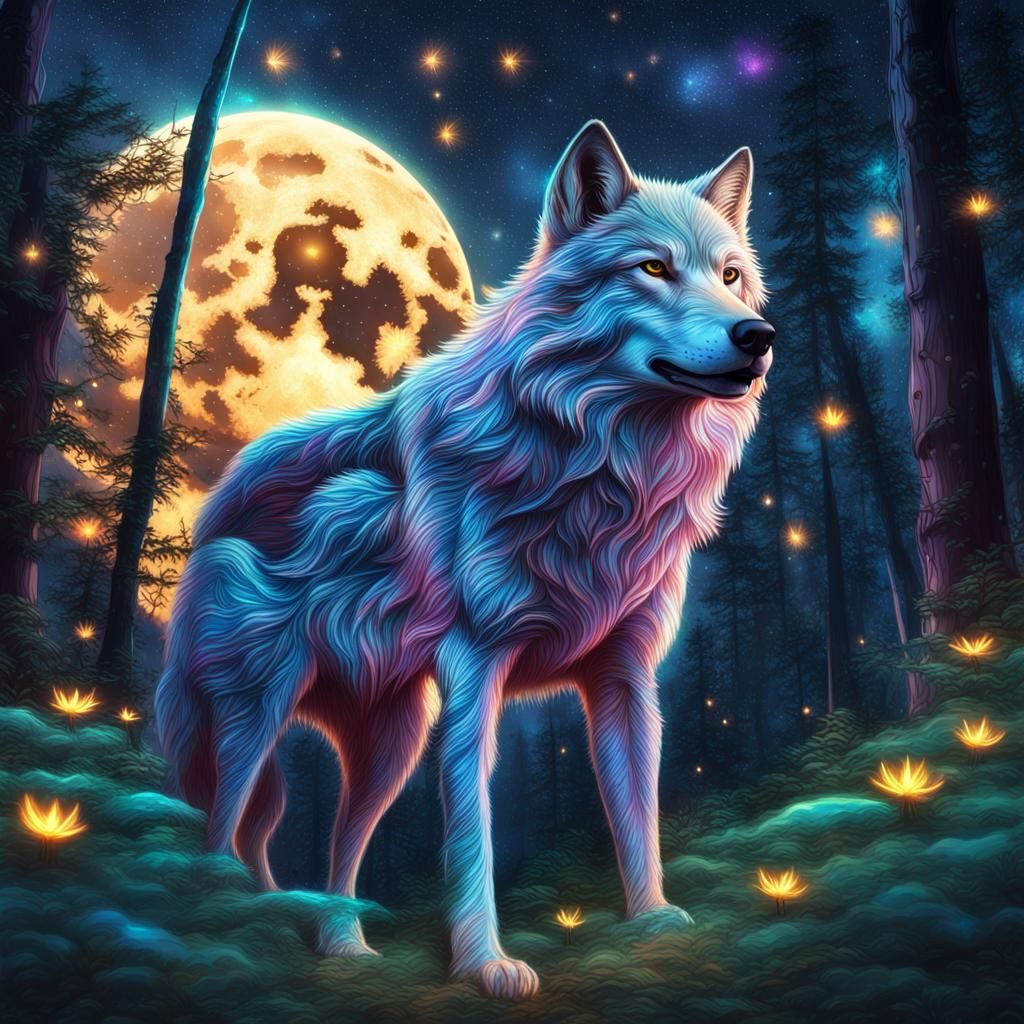 Luminescent Wolf in Forest, Astral Cosmic Illustration