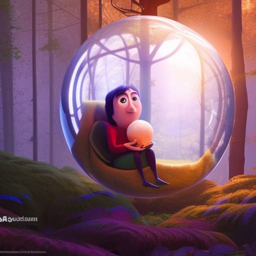 Man in Glass Orb in Colorful Forest, 3D Art