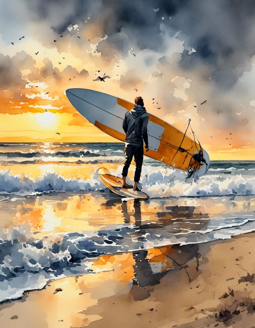 North Sea Surfer at Sunset in Watercolor Style