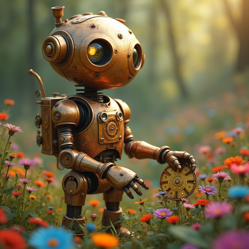 Steampunk Robot Tends Whimsical Clockwork Garden
