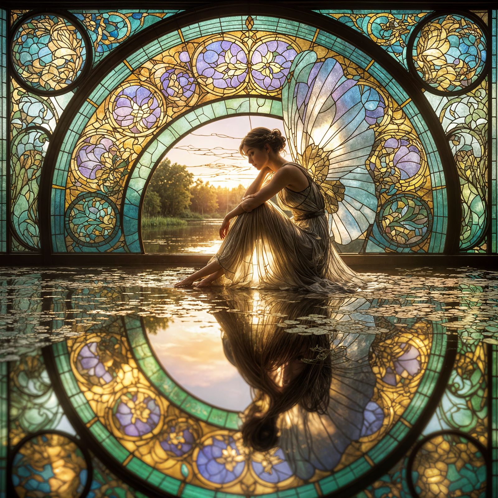 Art Nouveau Sylph Reflects in Stained Glass