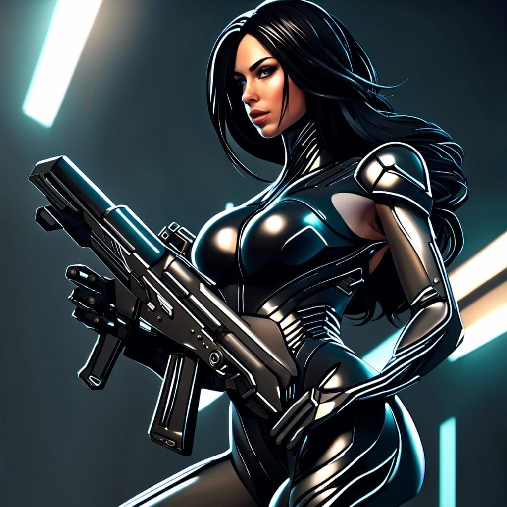 Futuristic Female Sniper in High-Tech Bodysuit