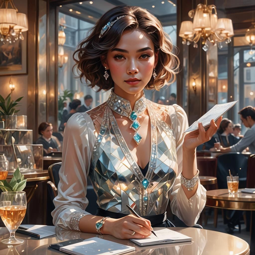 Ethereal Crystal Woman in Cafe Setting