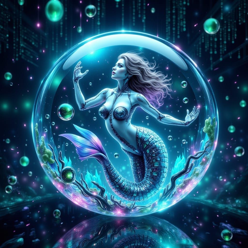 Cyborg Mermaid in Futuristic Crystal Ball