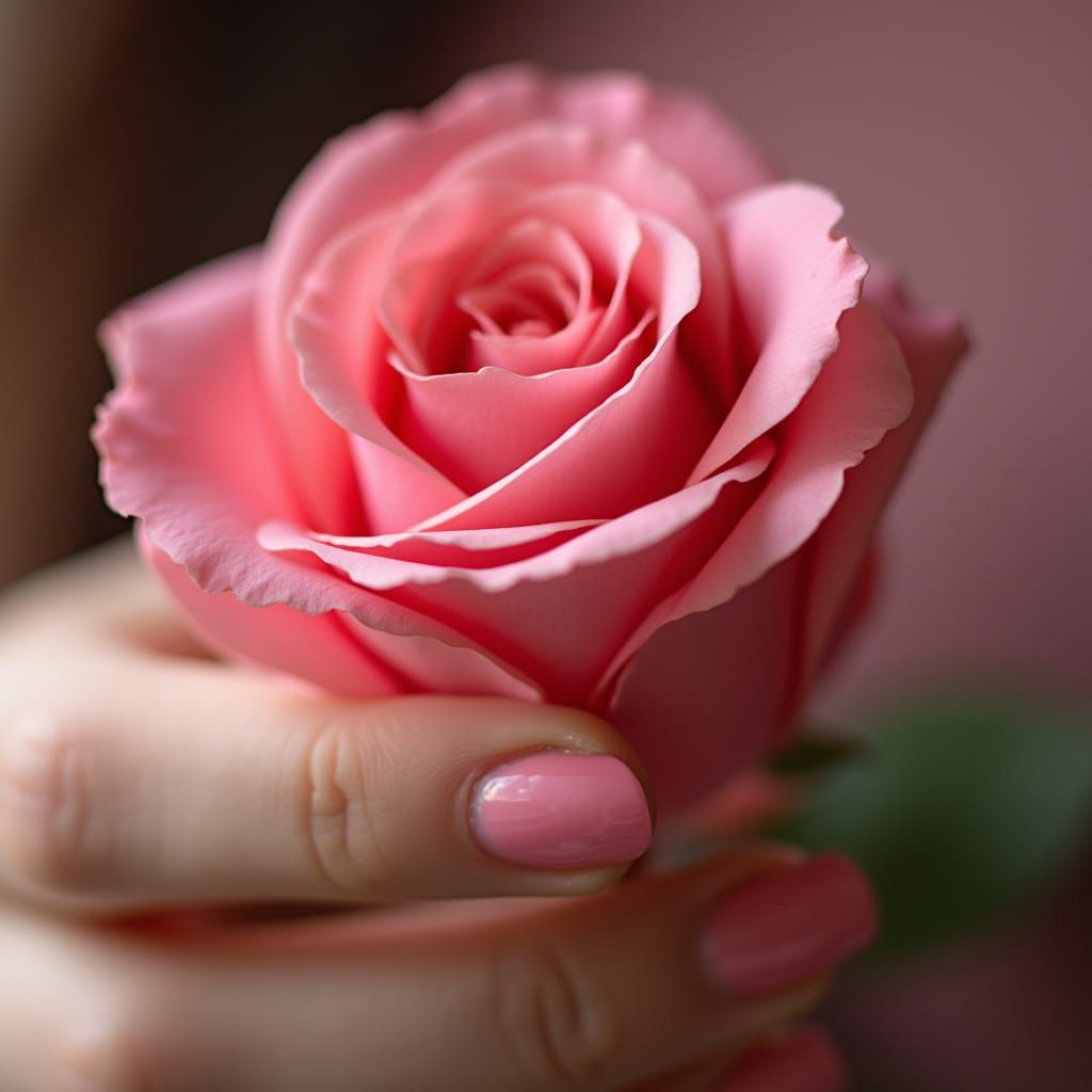 Pink Rose Held in Hand with Pink Nails