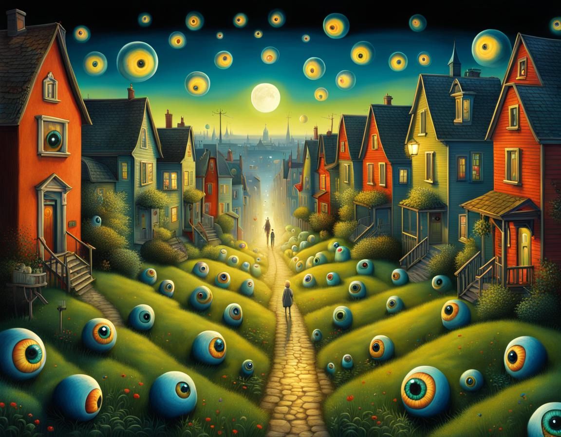 Surreal Eyeball Suburb in Primary Colors