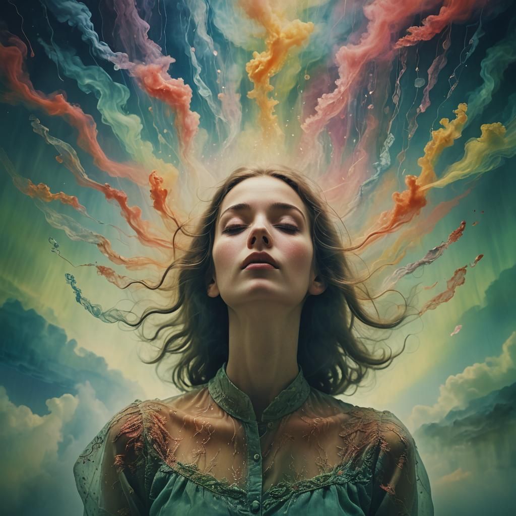 Ethereal Woman Surrounded by Dreams in Surreal Style