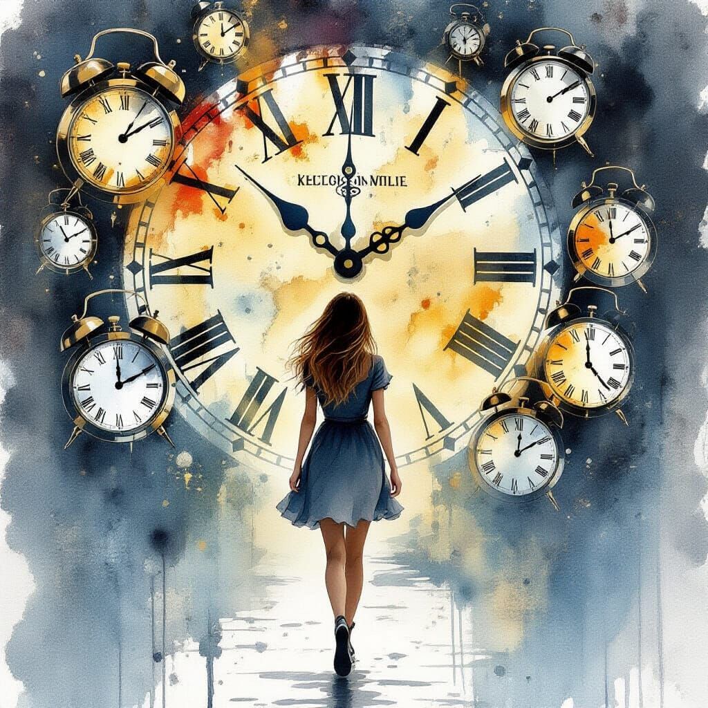 Woman Enters Clockwork World in Surreal Watercolor