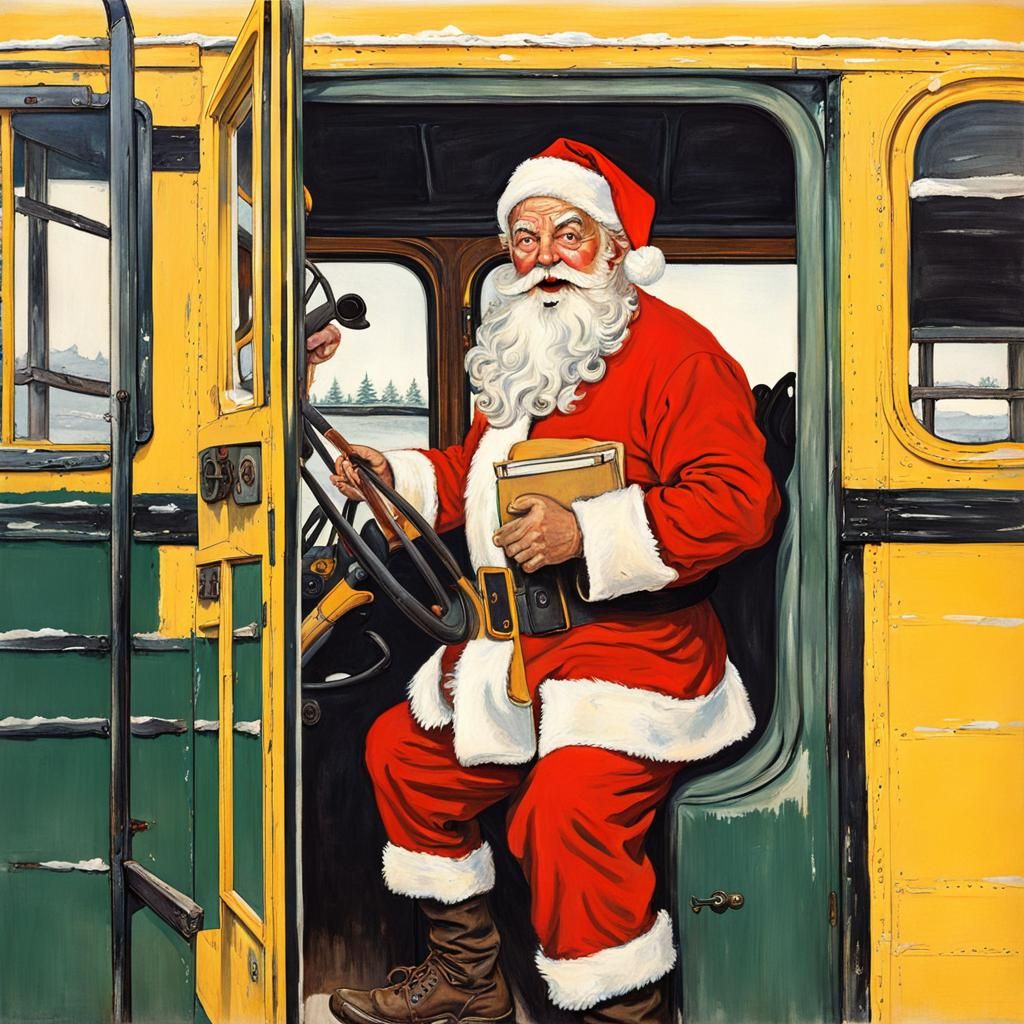 Santa Drives a School Bus in Rockwell Style