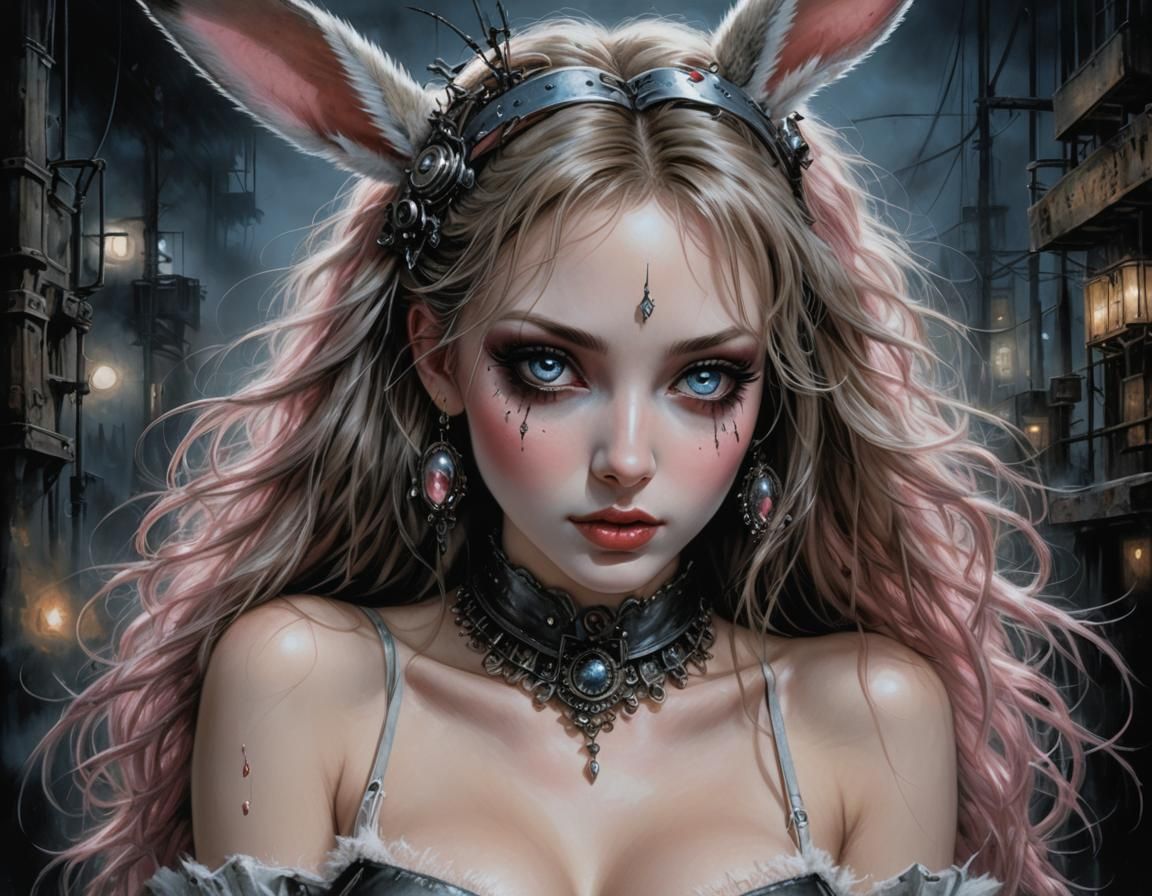 Bunny Girl in Gloomy Cabaret: Post-Apocalyptic Acrylic Paint...