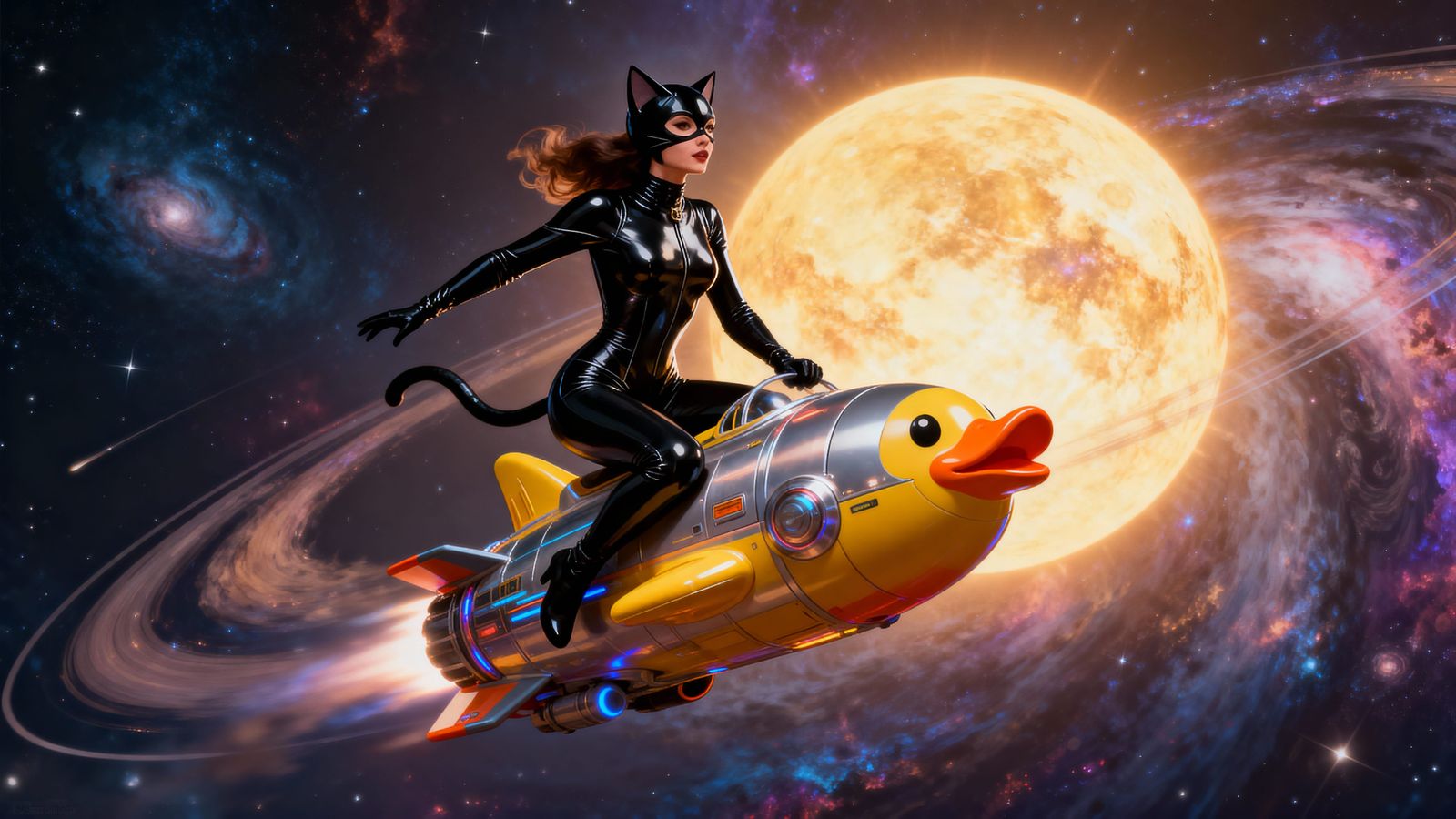 Woman in Cat Suit Flies Duck Rocket Past Sirius Star