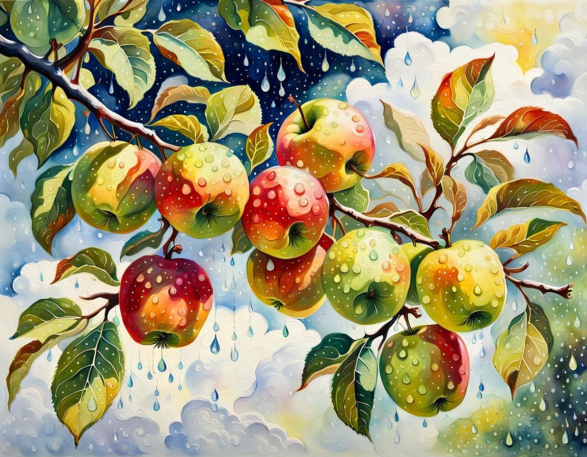 Ripe Apples with Dew in Gouache and Watercolor Style