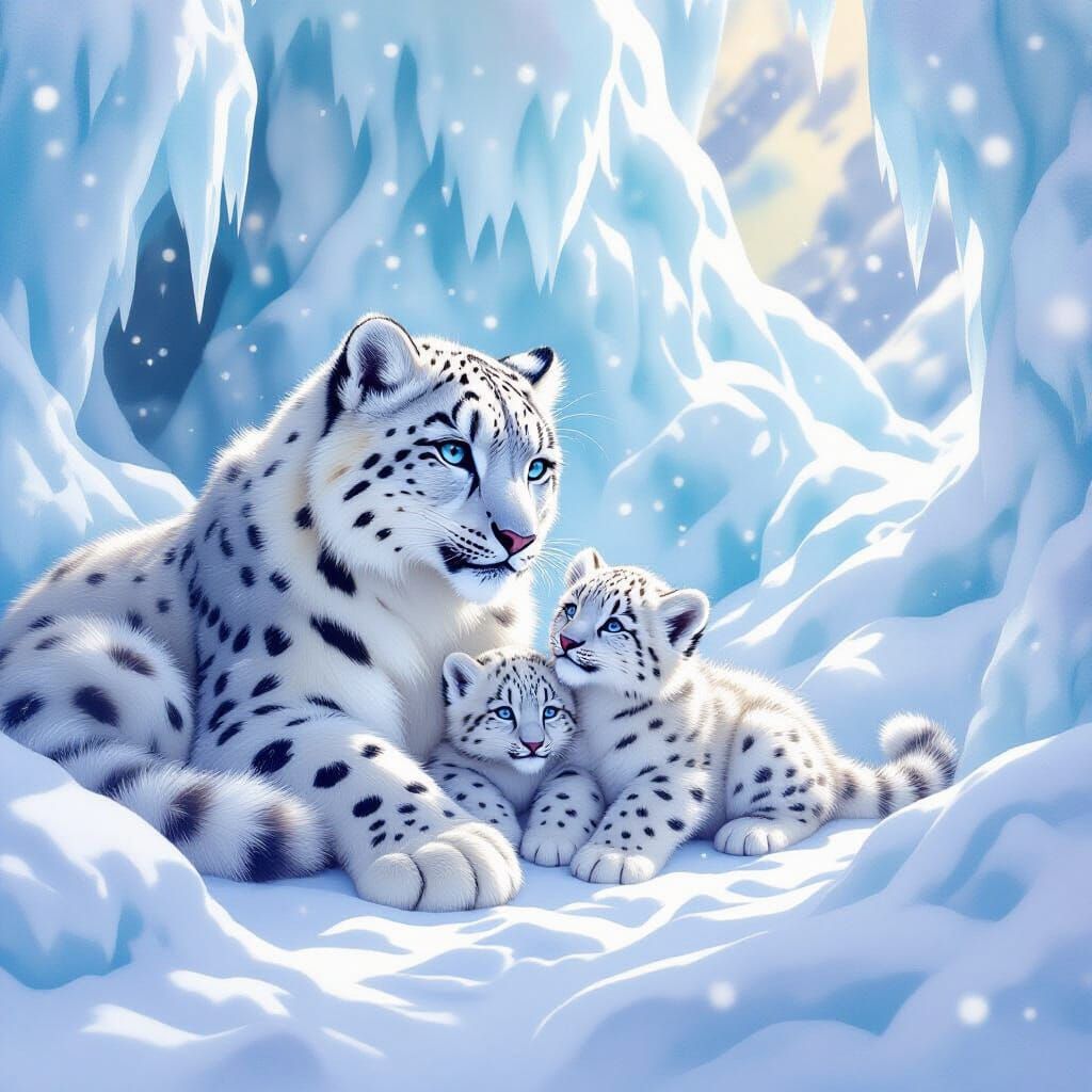 Snow Leopard Family Playing in Winter Wonderland