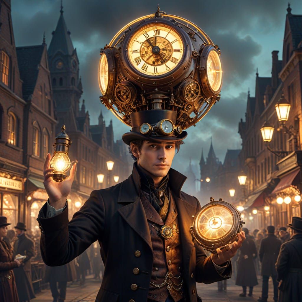 Steampunk Inventor Reveals ChronoSphere to Enthusiastic Crow...