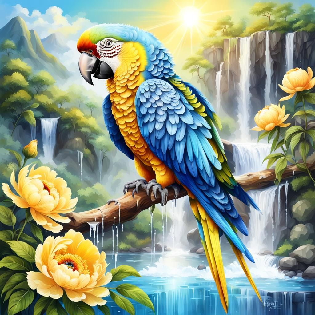 Photorealistic Parrot with Waterfall and Peonies