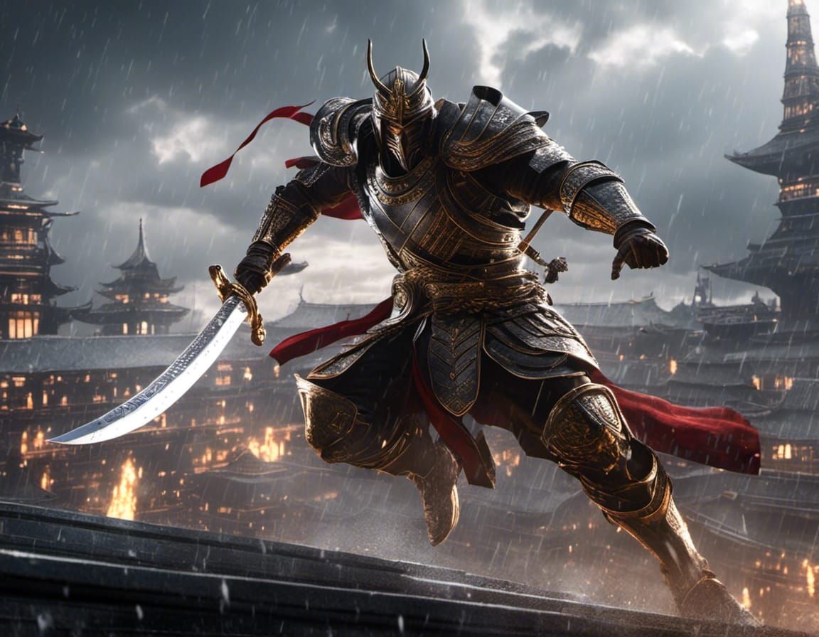 Cyborg Samurai Running in Rainy Cyberpunk City