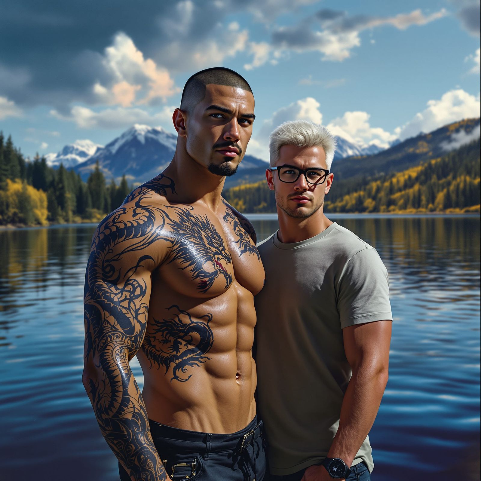 Athletic Couple by Serene Lake in Hyperrealistic Style